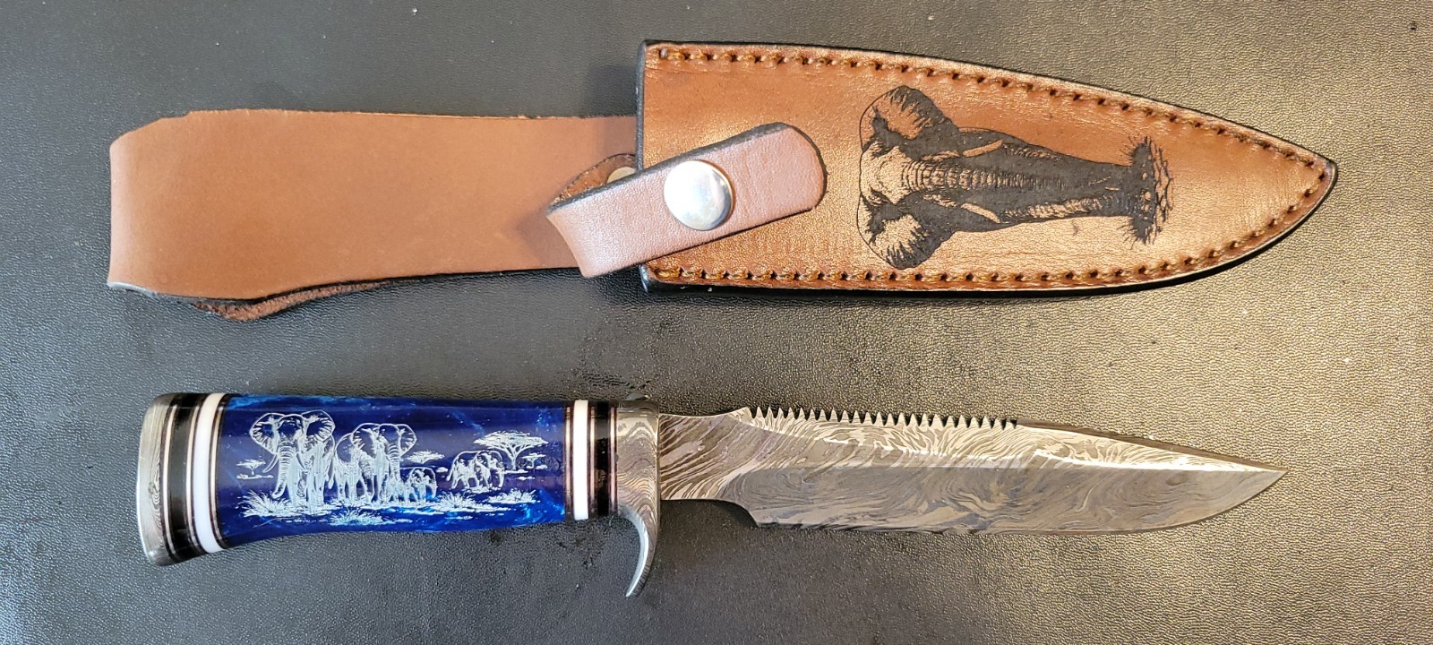 Impact Cutlery Custom Damascus Hunting Knife Engraved Blue Resin handle- 2399
