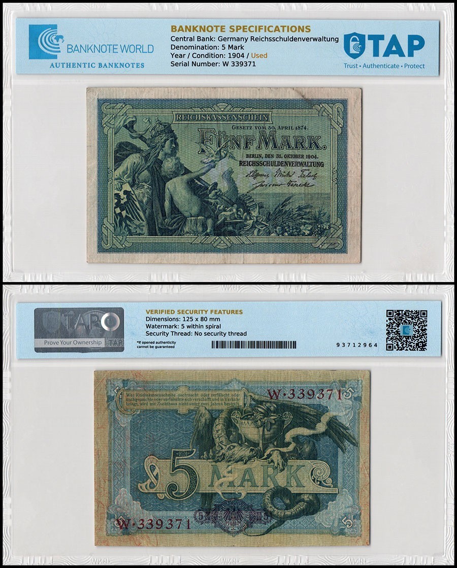 Germany 5 Mark, 1904, P-8, Used Authenticated