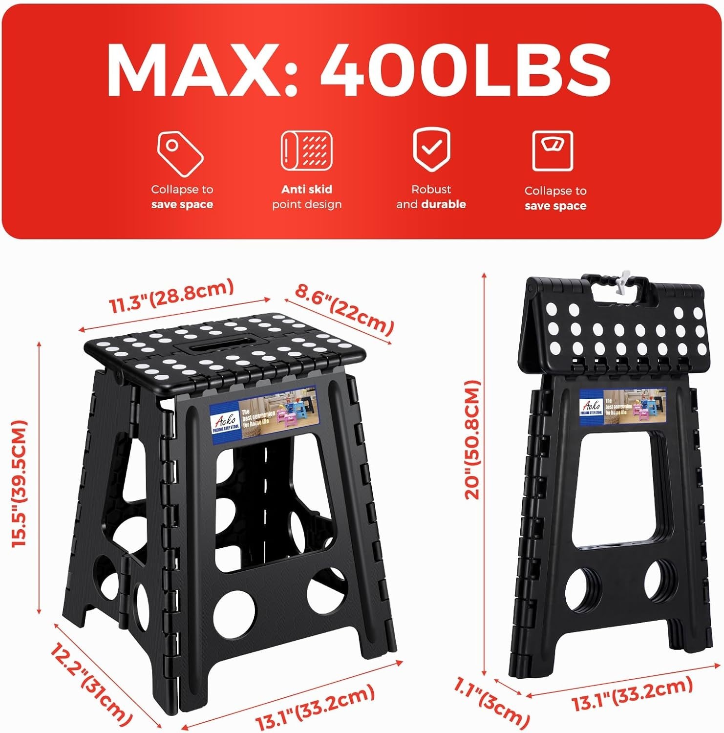 Folding Step Stool Plastic Foldable Stools Upgraded Lock Version 11" 16" 17.5"