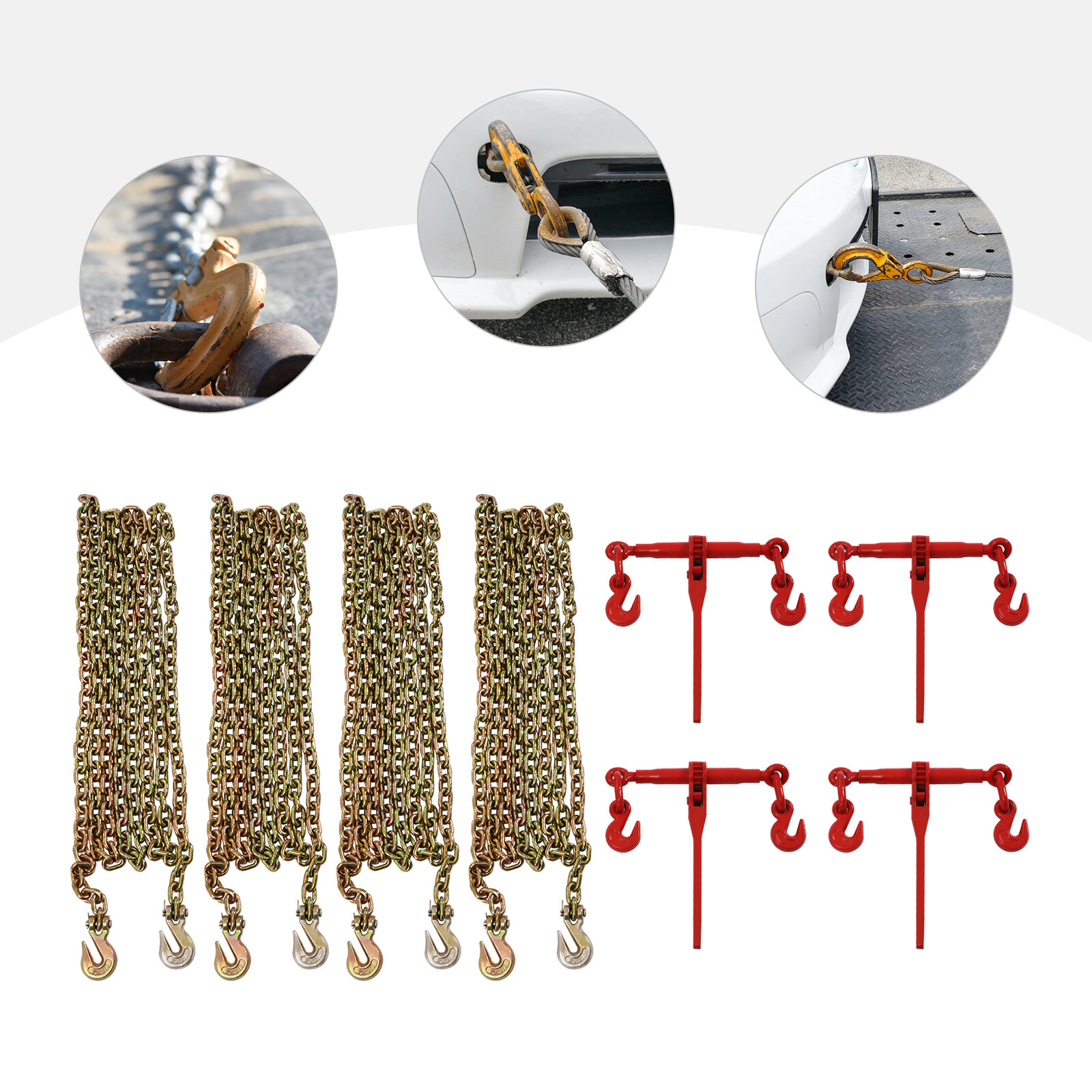 4 Pack 5/16"-3/8" Chain and Binder Kit Ratchet Load Binder w/ 4x 20ft Chains NEW