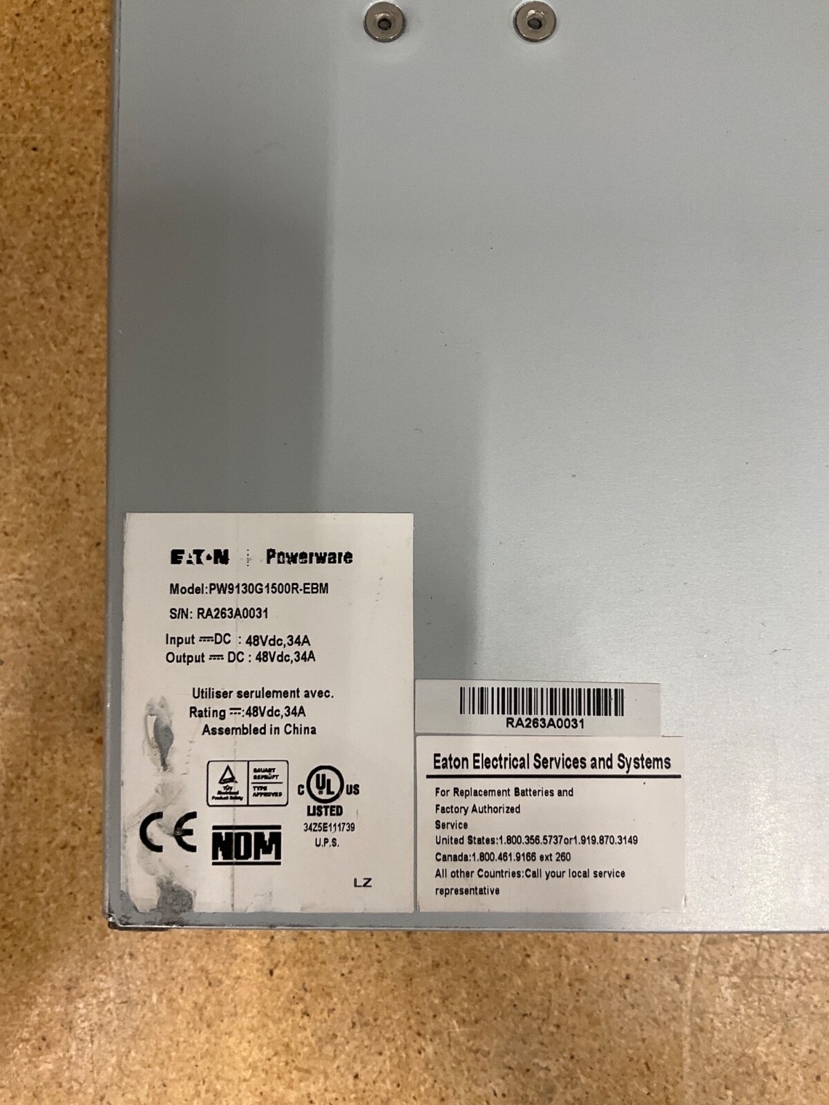 EATON PW9130G1500R-EBM 48VDC 34A *NO BATTERIES*