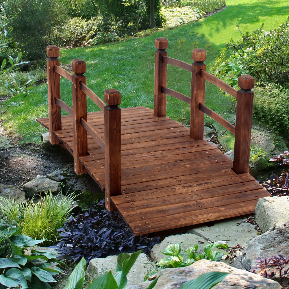 Wooden Garden Bridge Arch Stained Finish Footbridge Decorative Backyard Bridge
