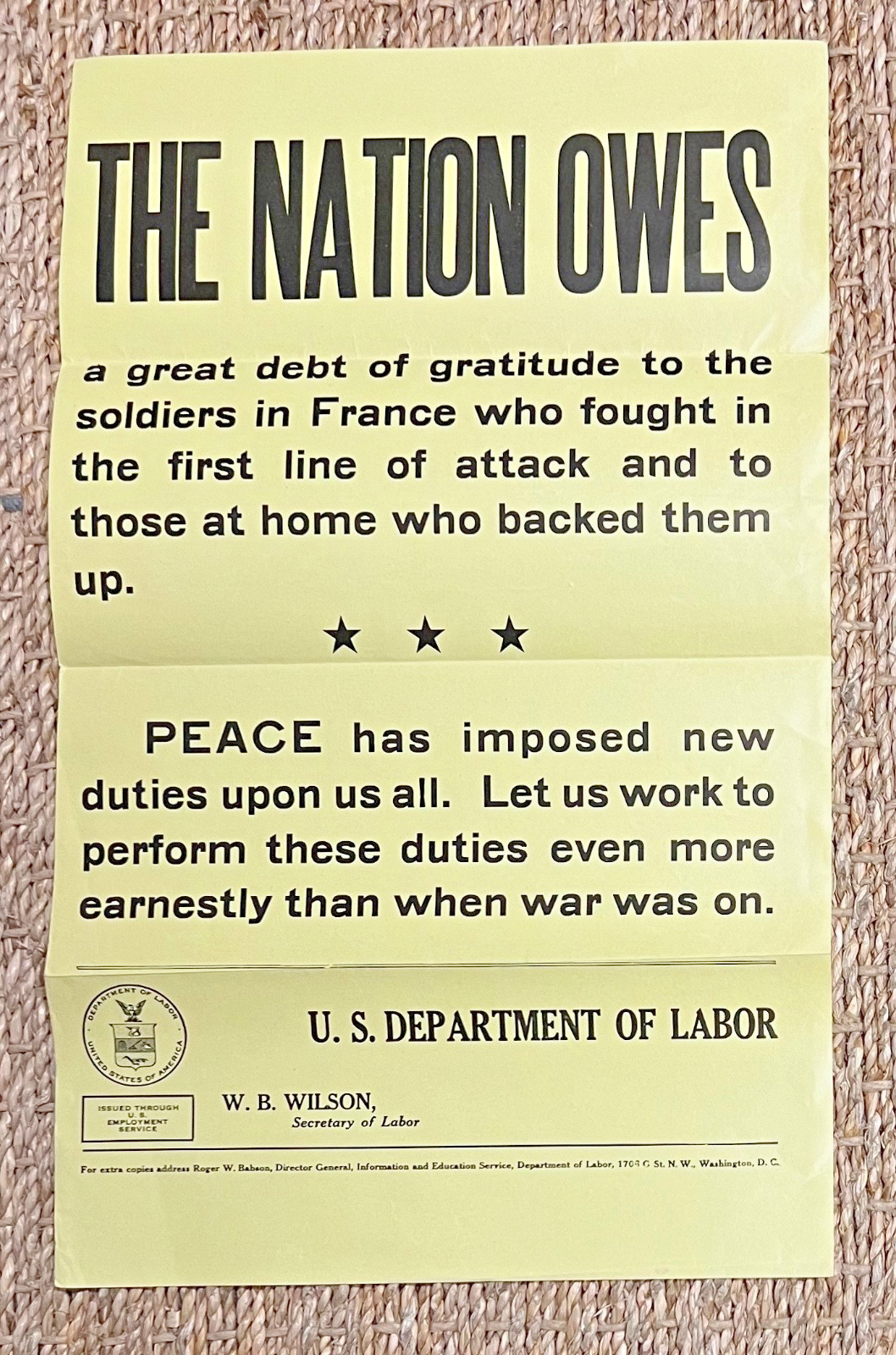 Vintage 1918 WW I "THE NATION OWES" Department Of Labor Poster