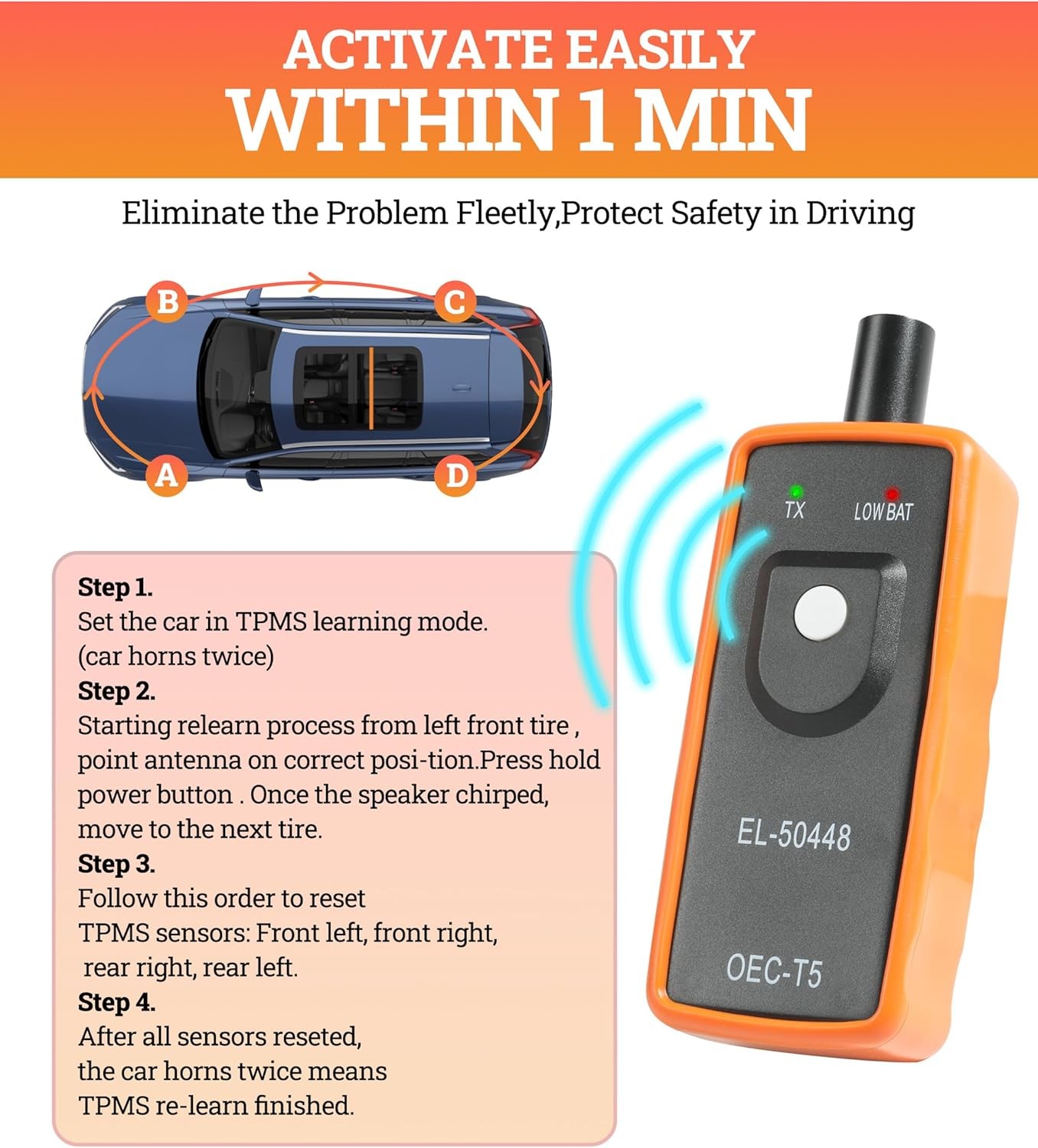 Universal TPMS Reset & Relearn Tool Tire Sensor Activation & Programming Device