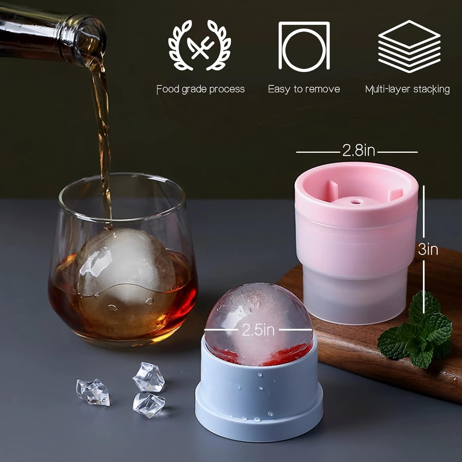Slow-Melting Stackable Large Ice Cube Mold Maker For Whisky Cocktails Beverage