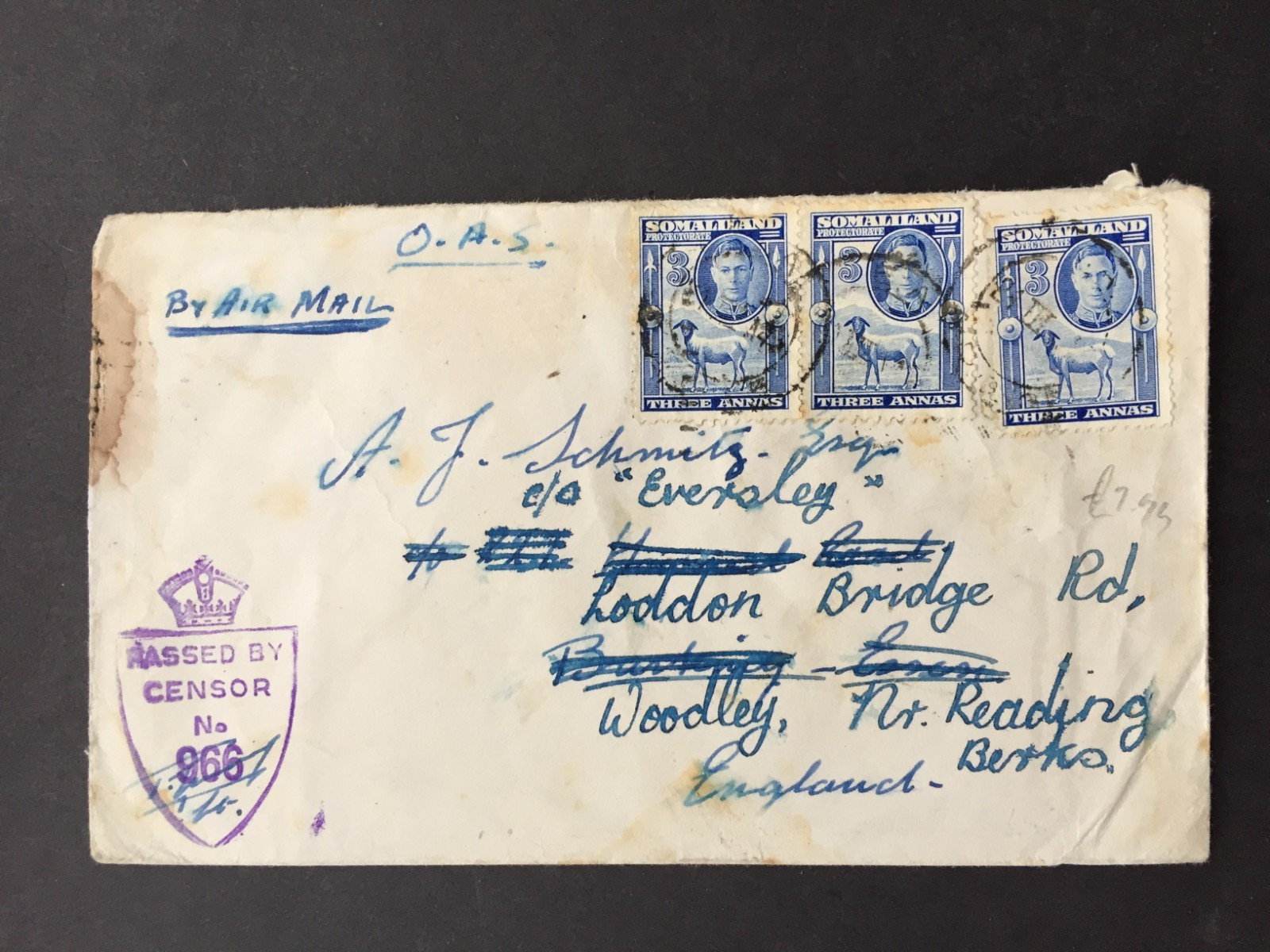 D SOMALILAND PROT. 1945 3d x 3 ON COVER CENSOR 966 (OBLITERATED) TO GB