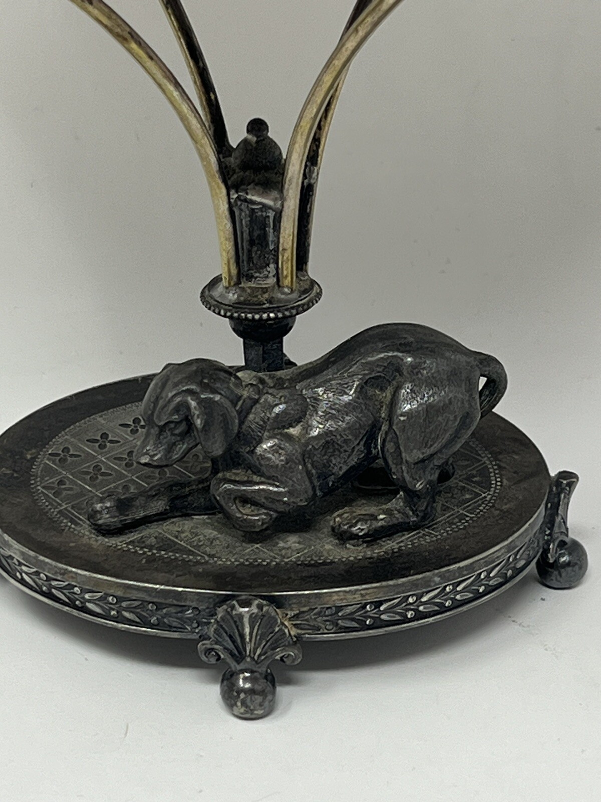 Antique Dog Figural Calling Card ? Silver Plate Tray Stand Simpson Hall Miller