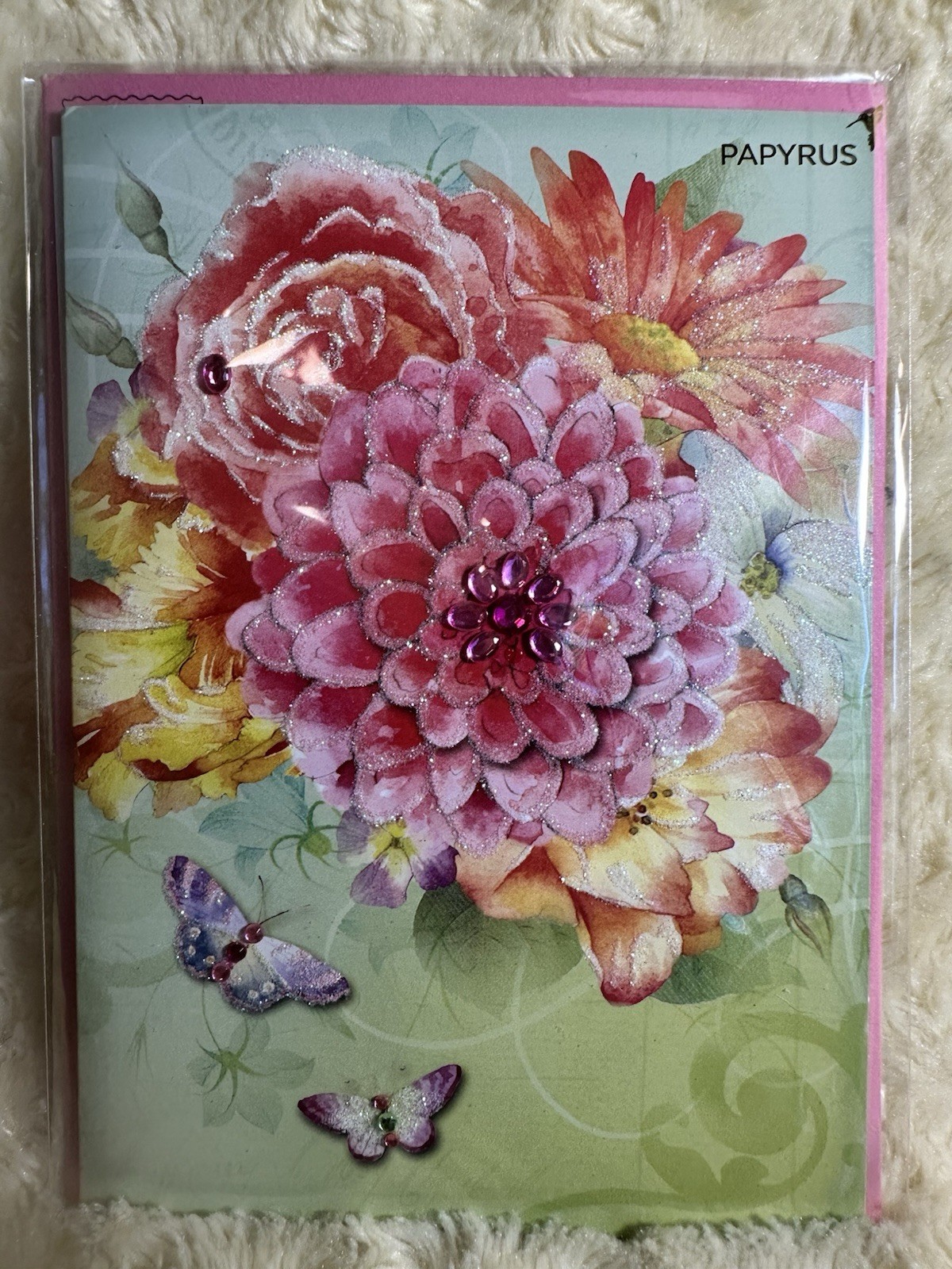 Papyrus Mother's Day Card Watercolor Peony Mums Flowers Glitter Jewels 2013