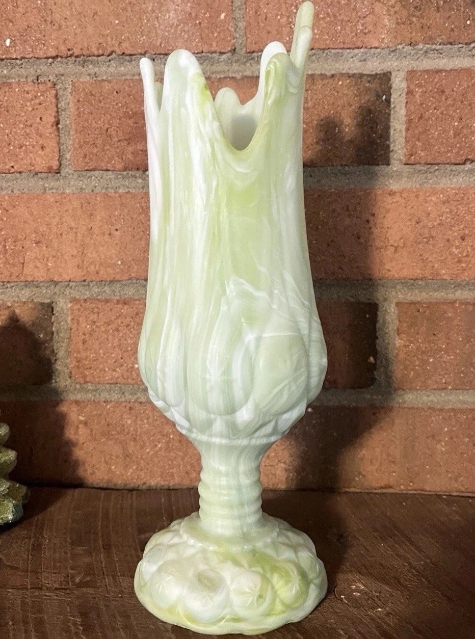 Kanawha Moon And Stars Green Slag Glass Swung Vase End Of Day ~ Rare