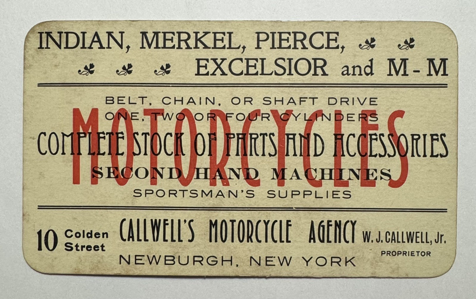 Original 1910 Callwell Motorcycle Trade Card Newburgh NY Indian Merkel Excelsior