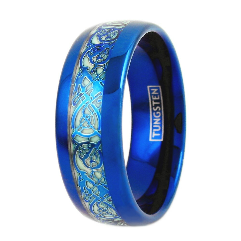 8mm Blue Tungsten Men's Ring Celtic Dragon *Glow in the Dark* Wedding Band