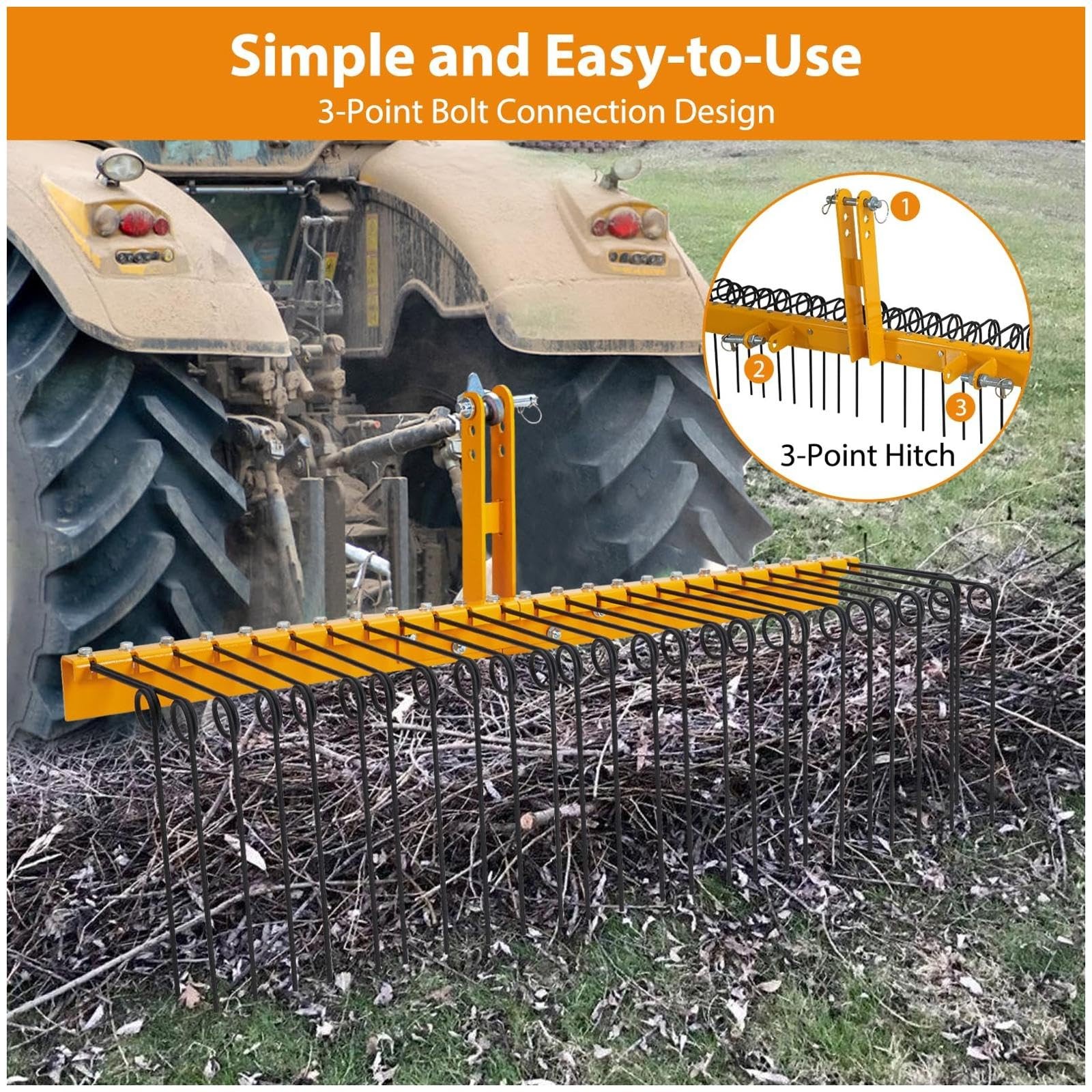 Multi-Purpose 60 IN Pine Straw Rake w/26 Spring Steel Teeth for Cat 0/1 Tractors