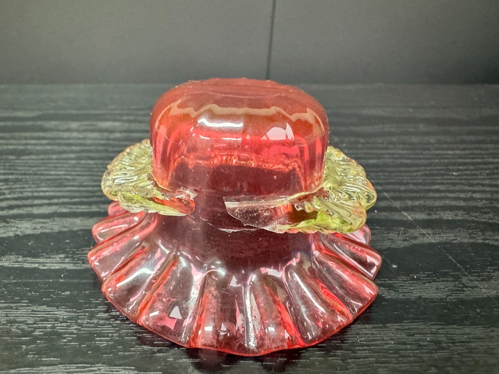 Uranium Glass Cranberry Vaseline Ruffle Open Salt Cellar Antique Victorian Era