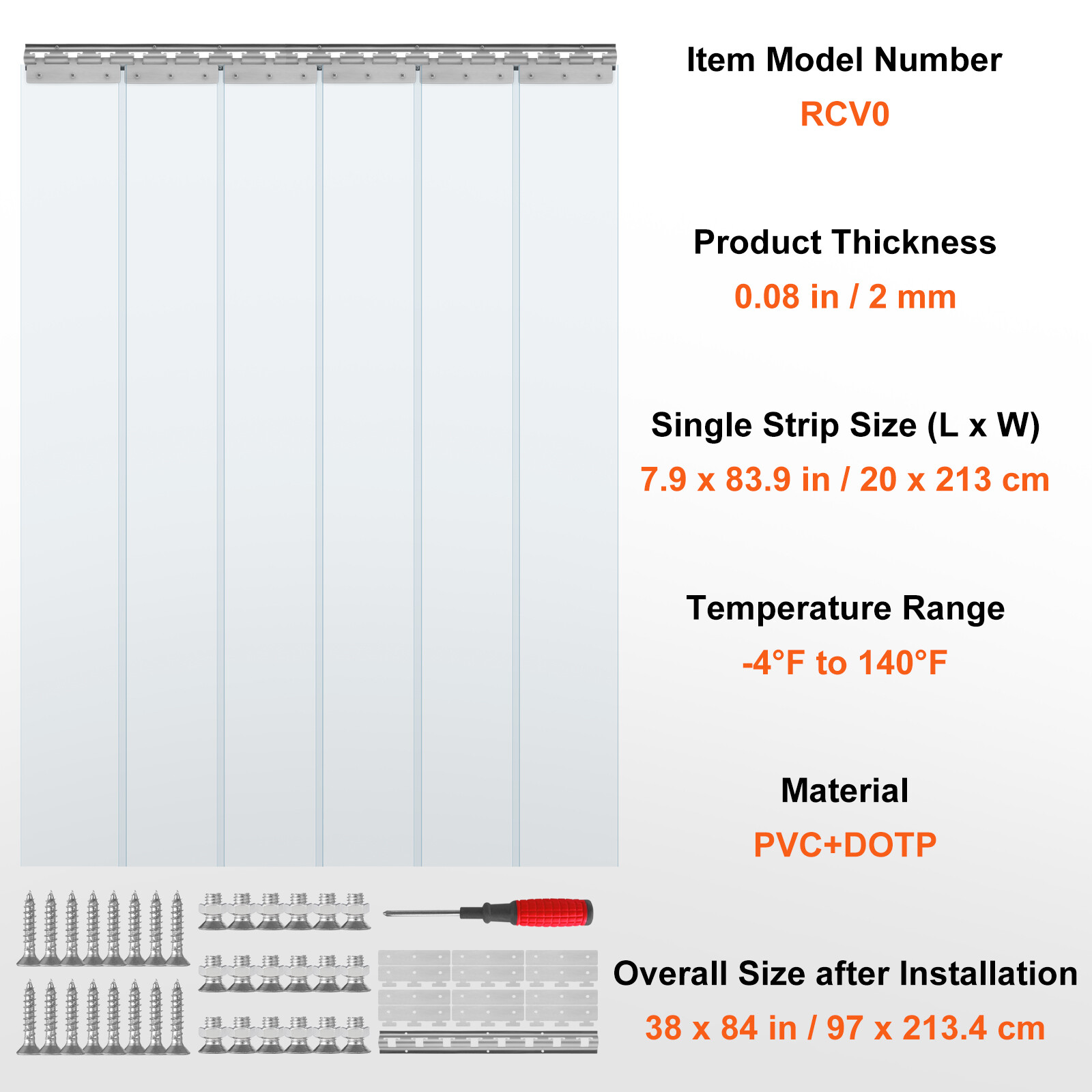 VEVOR Strip Curtain PVC Door Curtain 38" x 84" Cooler Freezer Clear Plastic