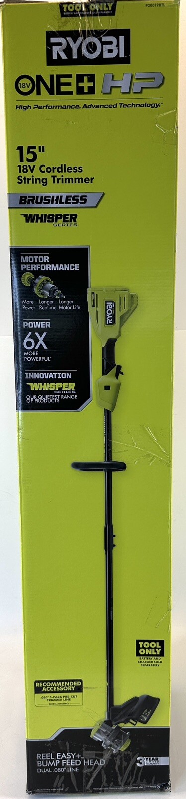 Ryobi One+ 18V HP 15 in String Trimmer Whisper Brushless Tool Only P20019BTL