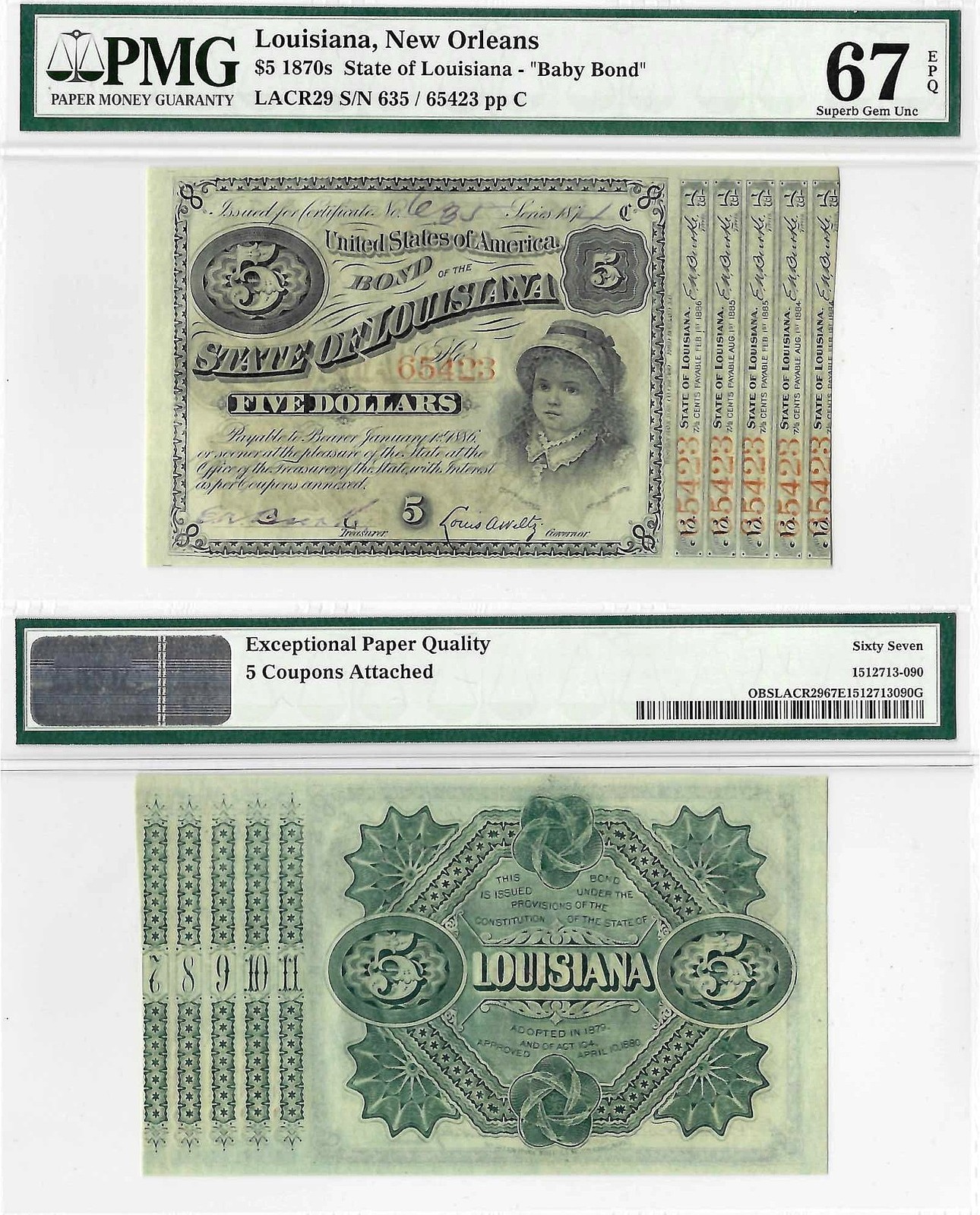 1874 $5 State Of Louisiana "Baby Bond" PMG Superb Gem UNC 67 EPQ