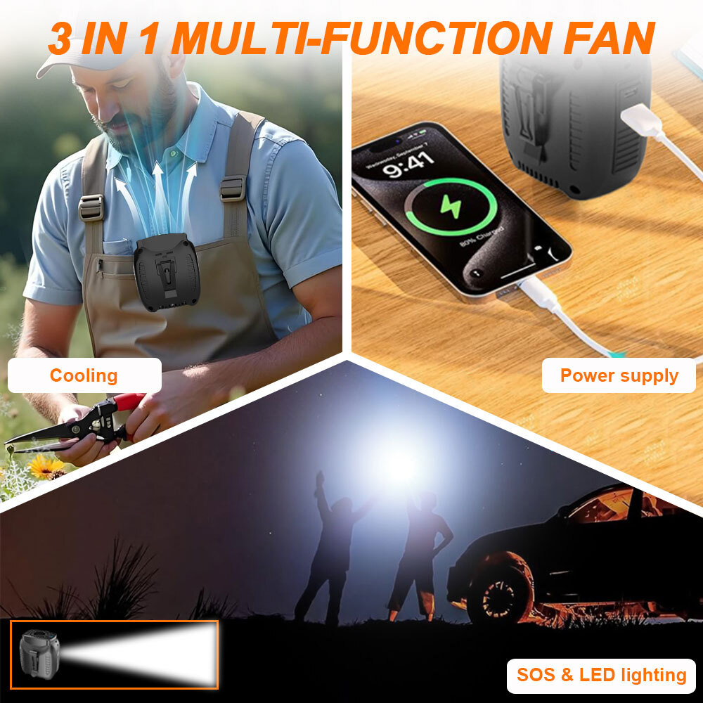 Portable Waist Clip Fan with LED 10000mAh USB Rechargeable Hanging Belt Cooling