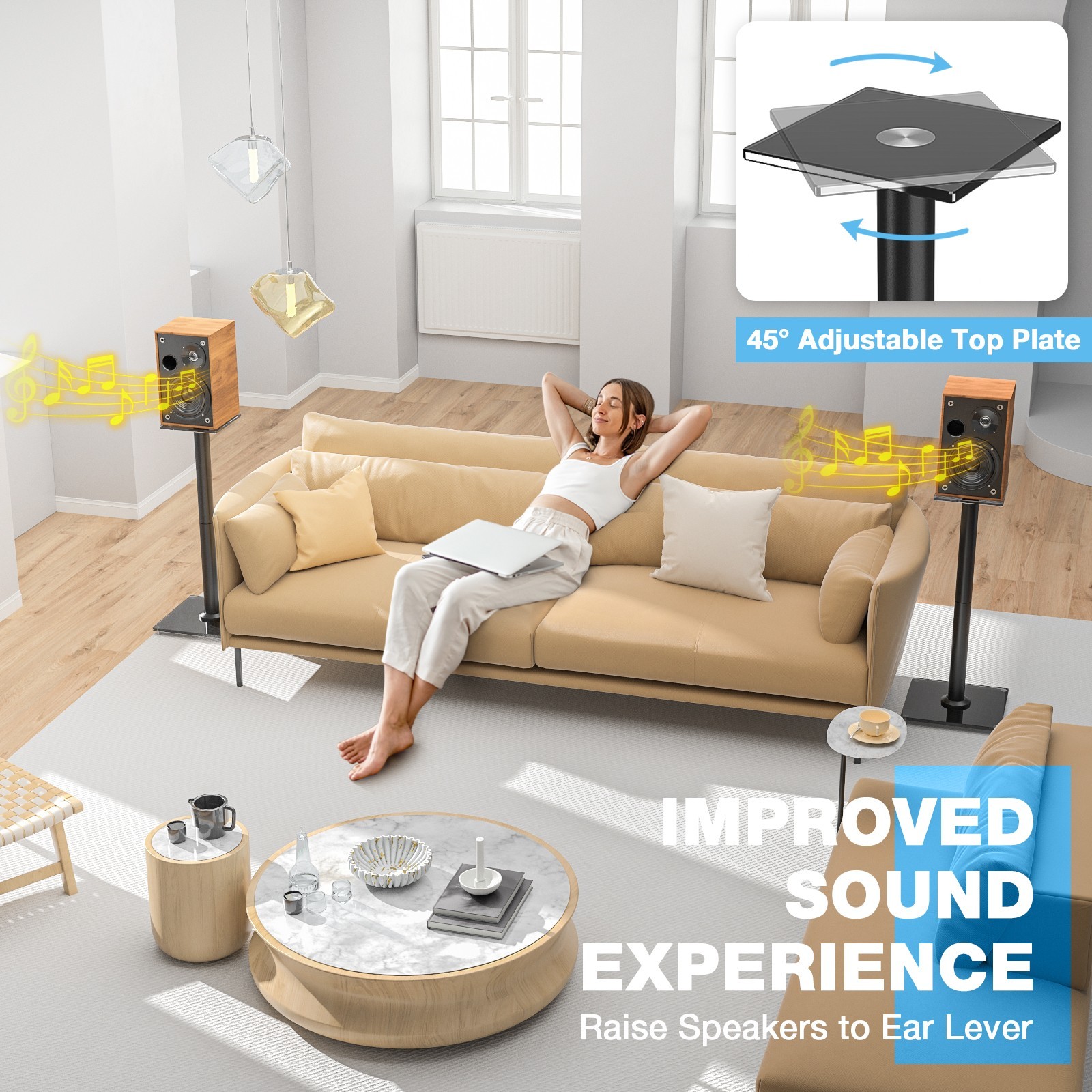 Universal Speaker Stands Pair 45° Swivel Adjustable Stands with Cable Management