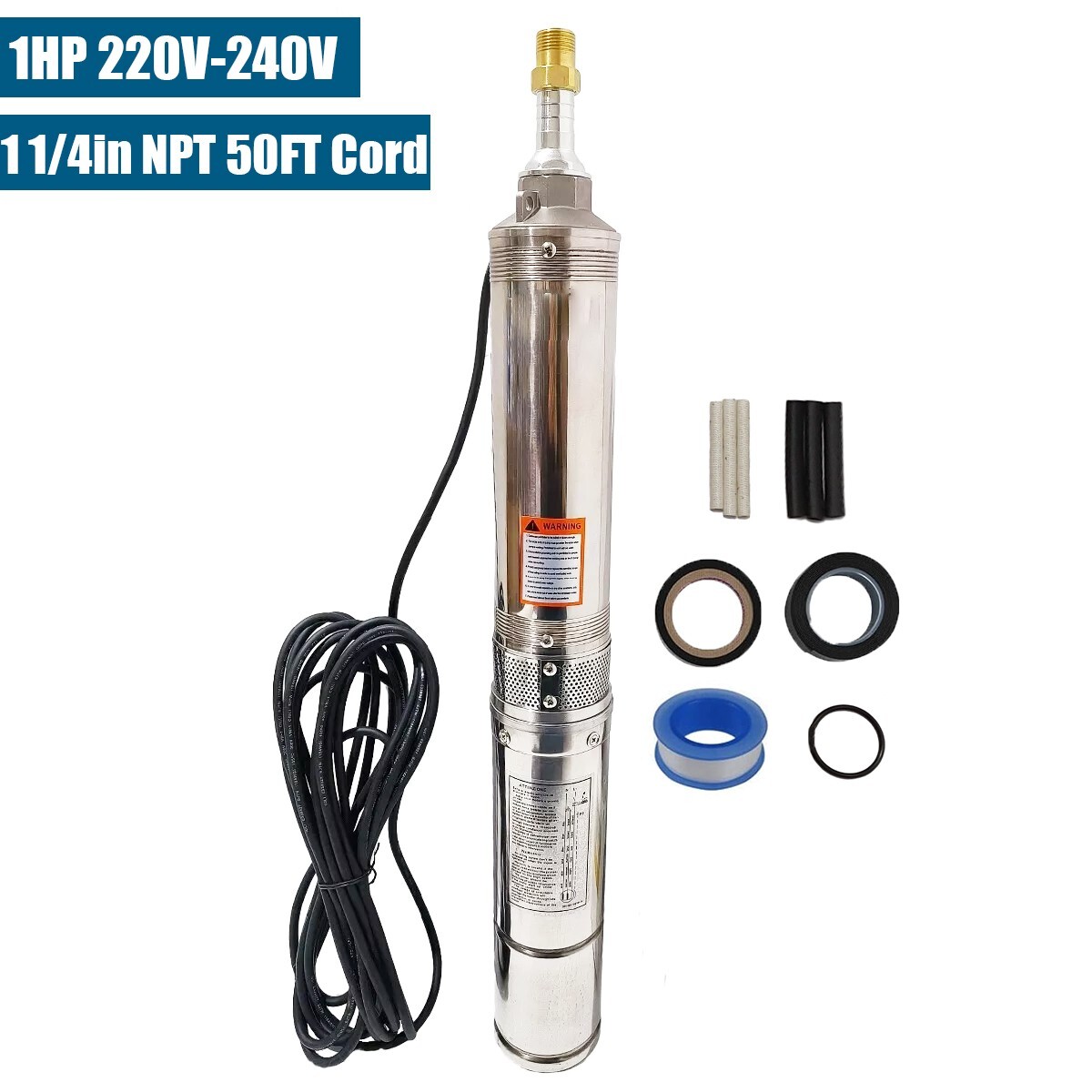 1HP 4" Deep Well Submersible Pump 220V 33GPM 257FT Max 50FT Cord Stainless Steel