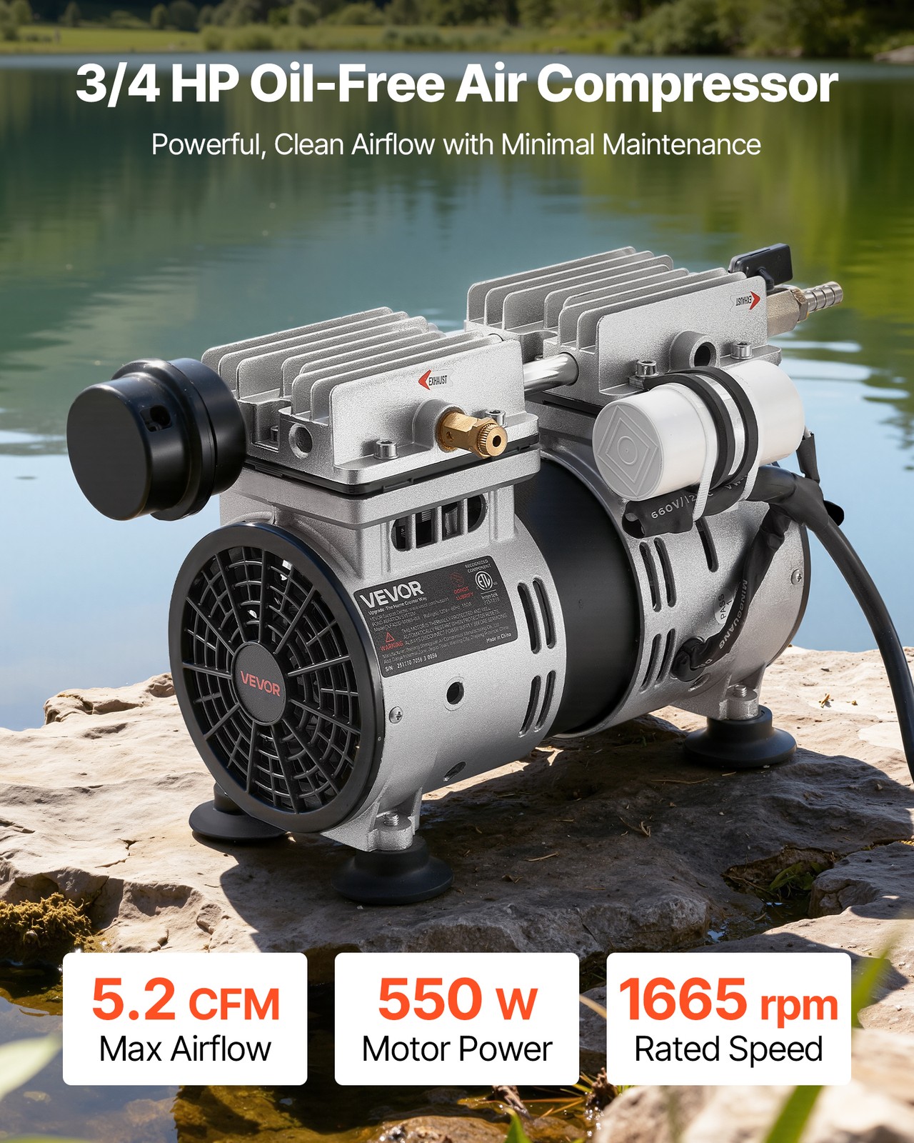VEVOR Pond Aerator for Lake up to 3 Arces 5.2CFM 3/4HP Air Compressor 550W Motor