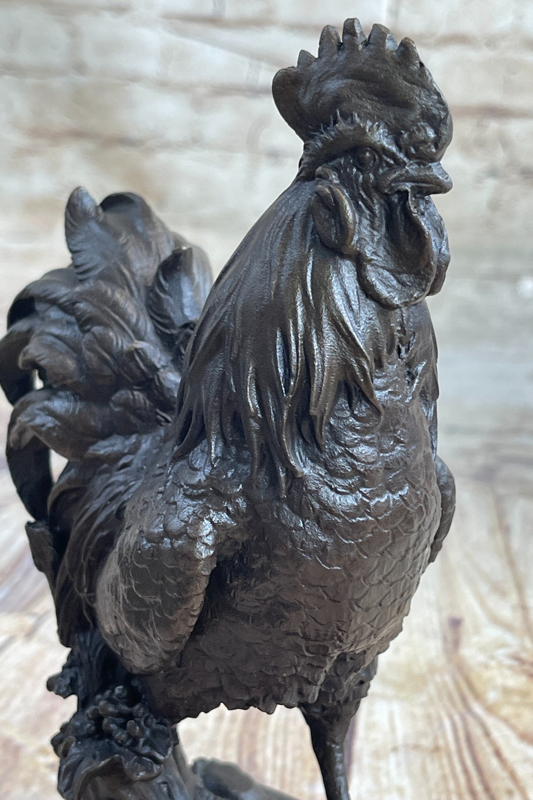Chicken Rooster Farm Animal Bronze Statue Sculpture Figure Decor on Marble Base