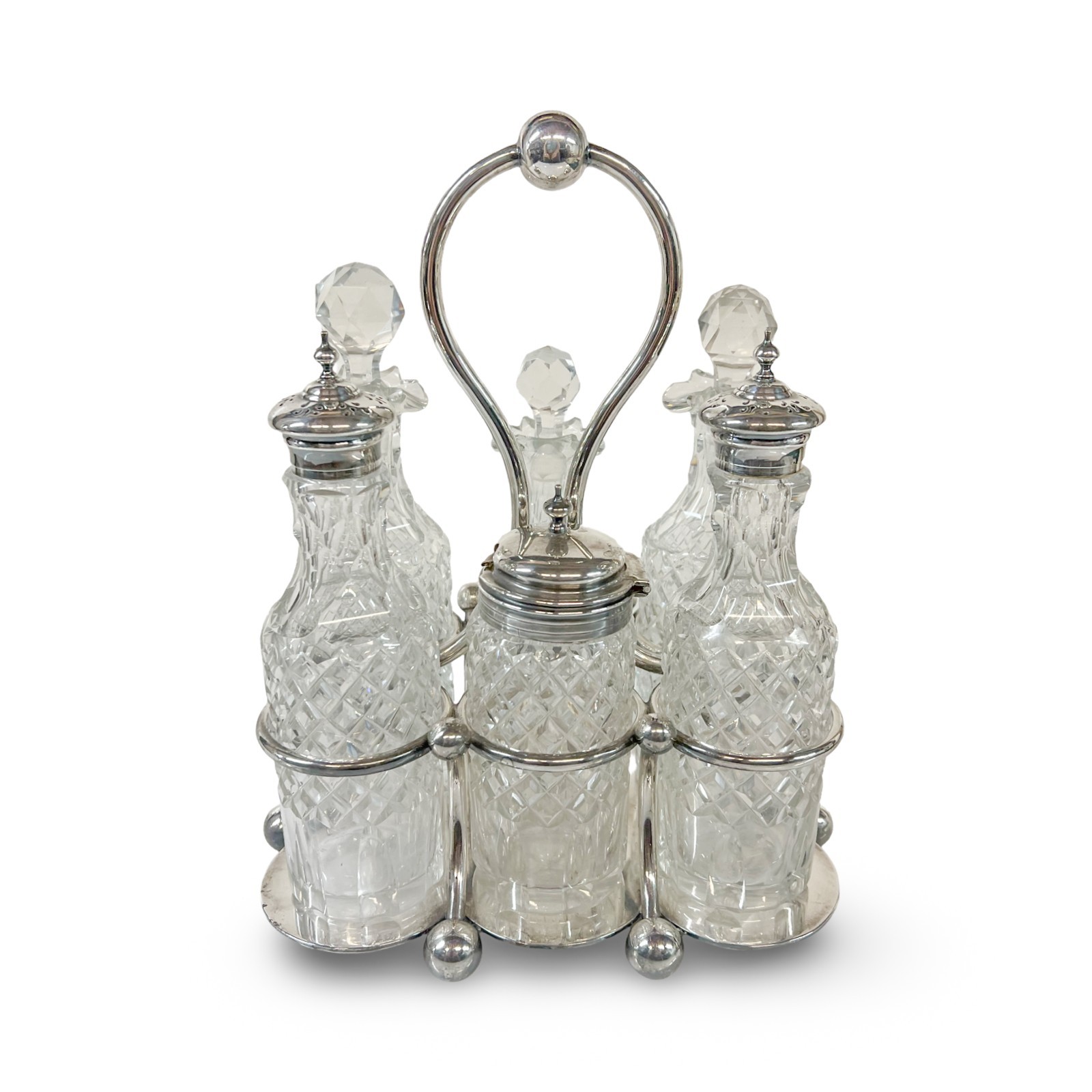 Victorian Silver Plated Martin Hall & Co Cut Glass Cruet Condiment Set c1880