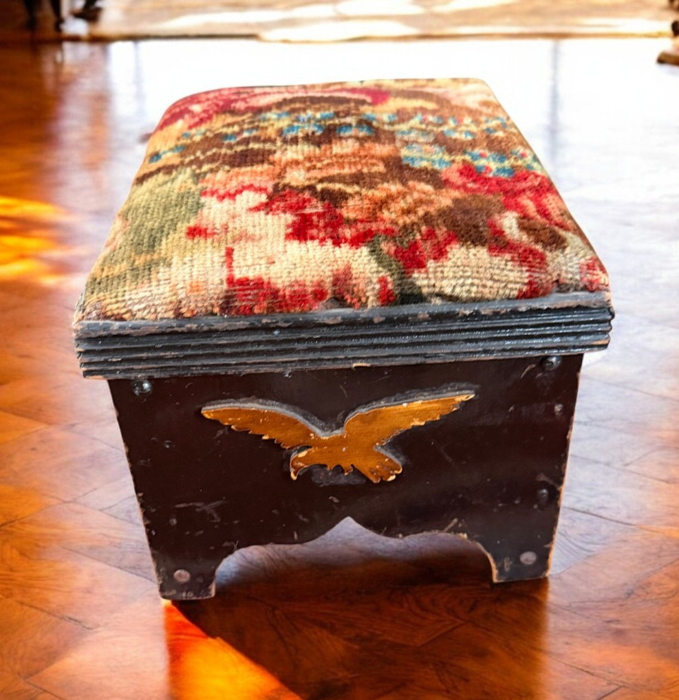 Vintage Floral Tapestry Footstool Wood Base Ottoman Inlaid bird eagle