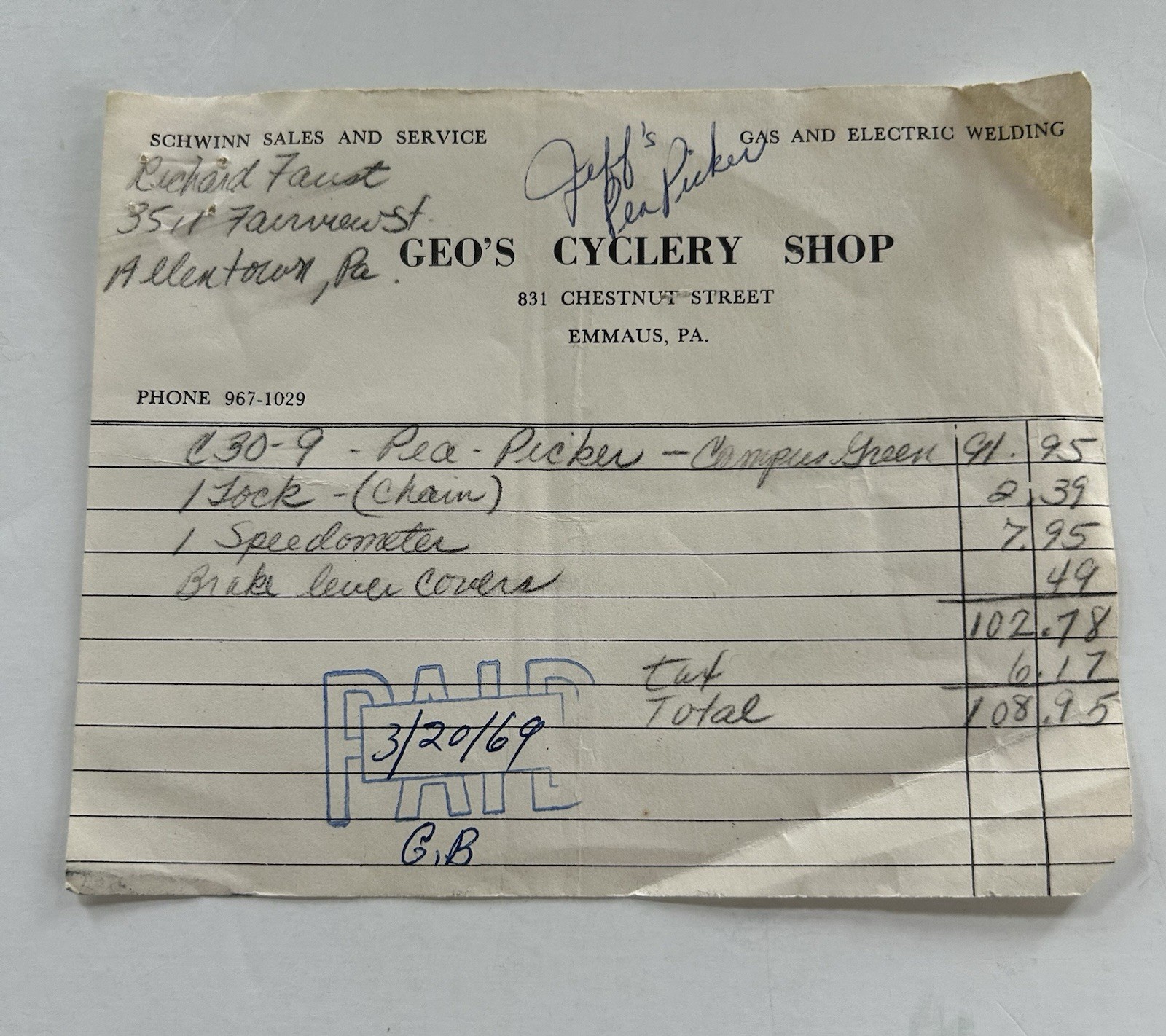 SCHWINN 1969 Pea Picker Bicycle Guarantee Card With Bill Of Sale Receipt