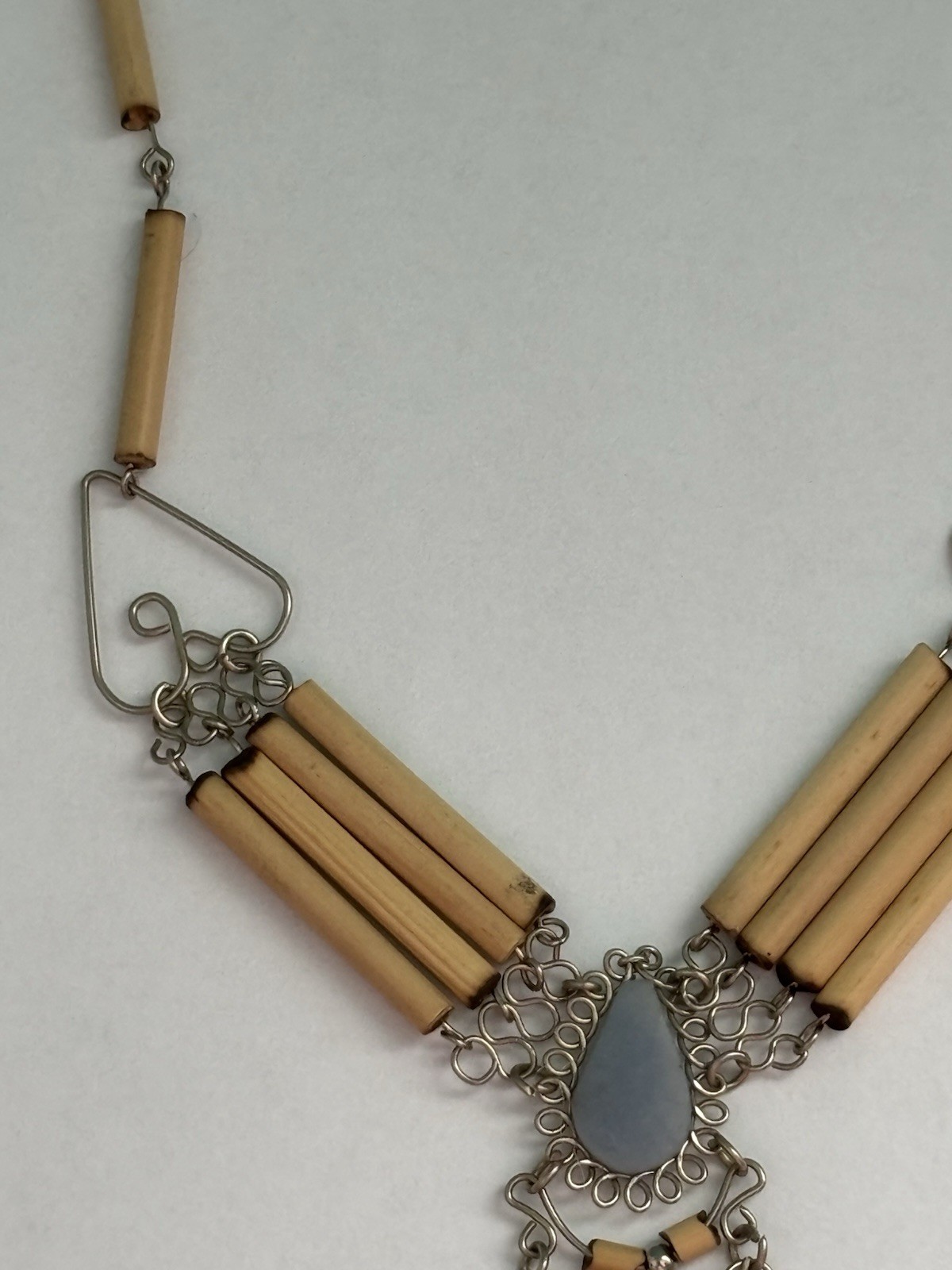 Blue Semi-Precious Stone Bamboo Silver Necklace 18"