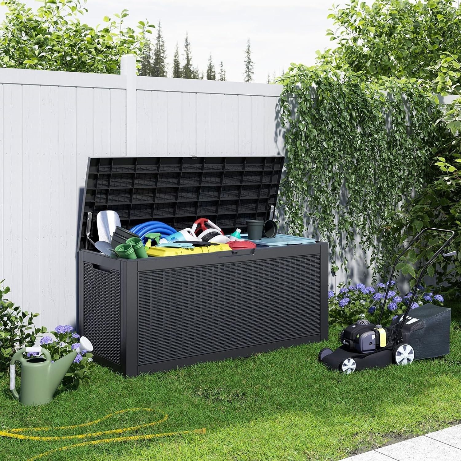 100 gallon resin deck box lockable outdoor storage waterproof black