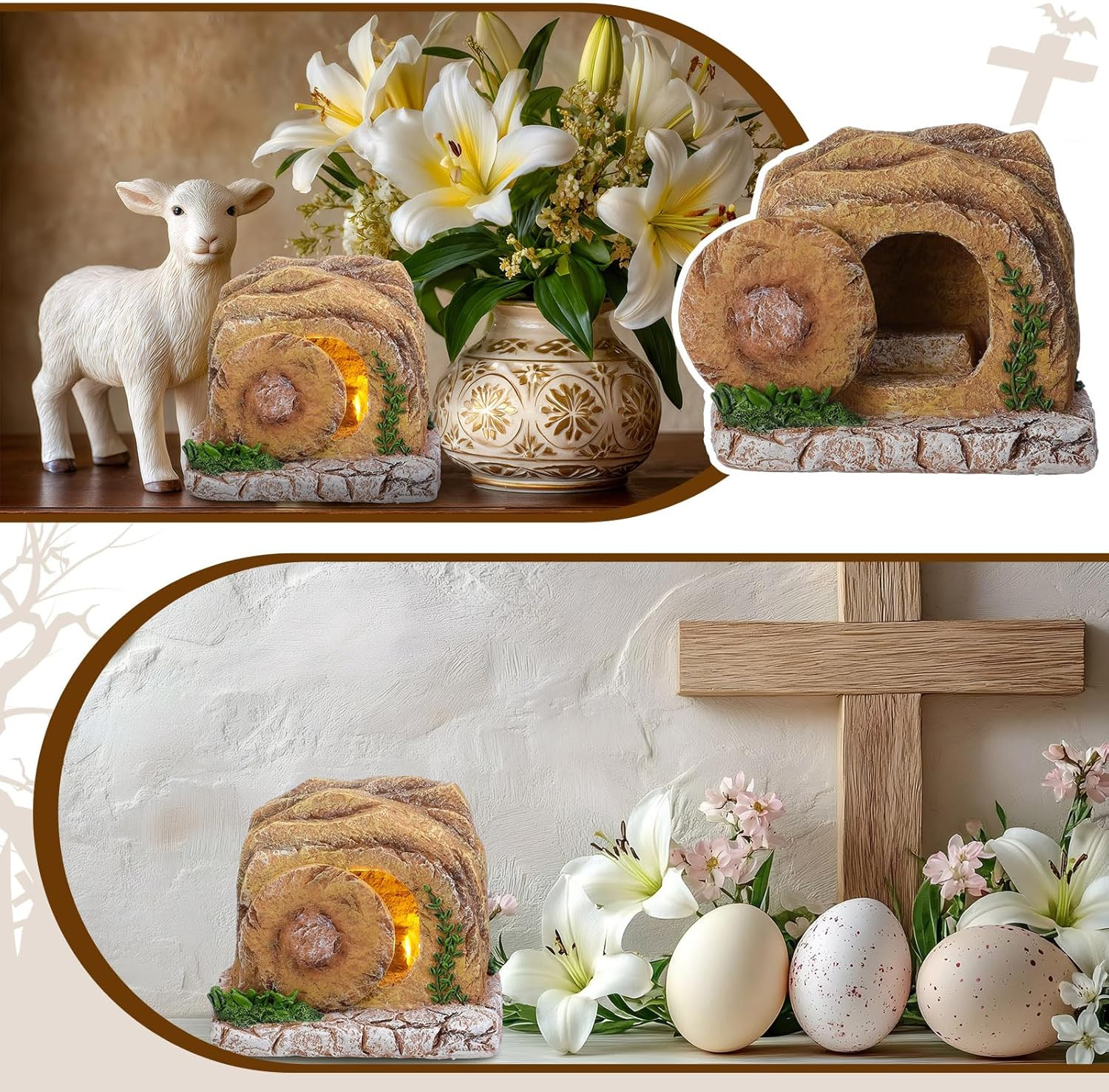 Lighted Easter Empty Tomb Scene Decor Resin Resurrection Tomb Scene with Movable