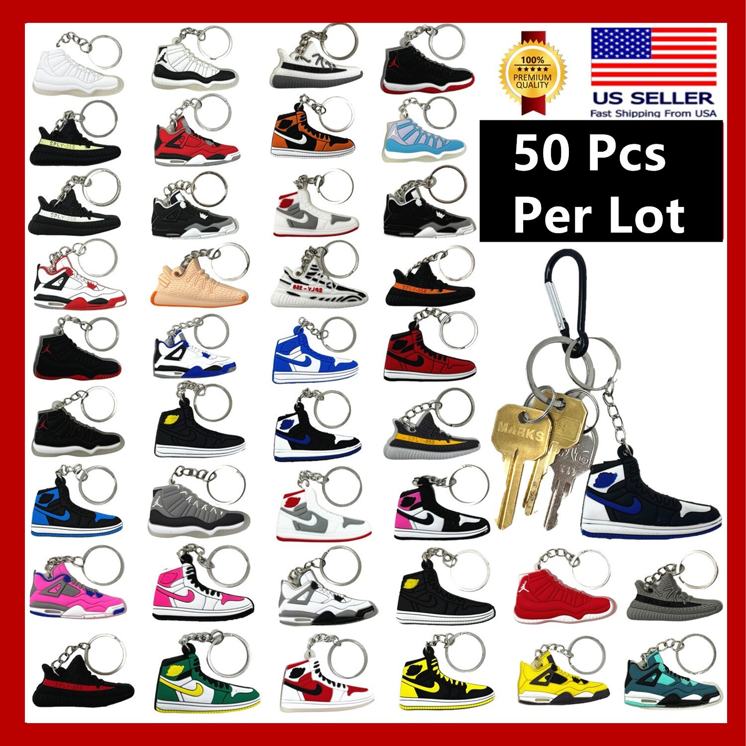 50 Pcs of 2D Sneakers Keychains Hype Beast Sneaker 2D Variety of Keychains Lot