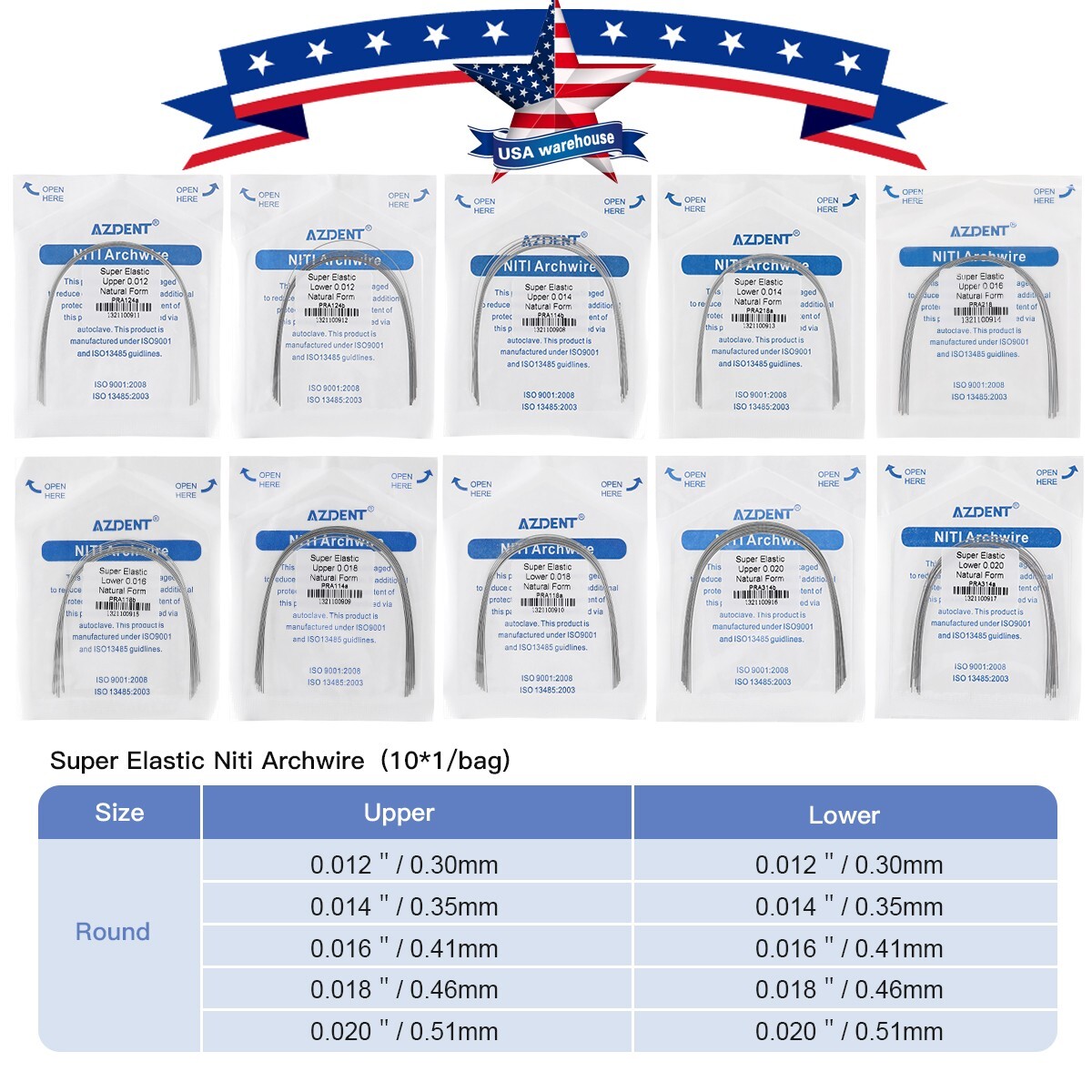 AZDENT Dental Orthodontic Arch Wire Super Elastic NiTi Ovoid Round Rectangular