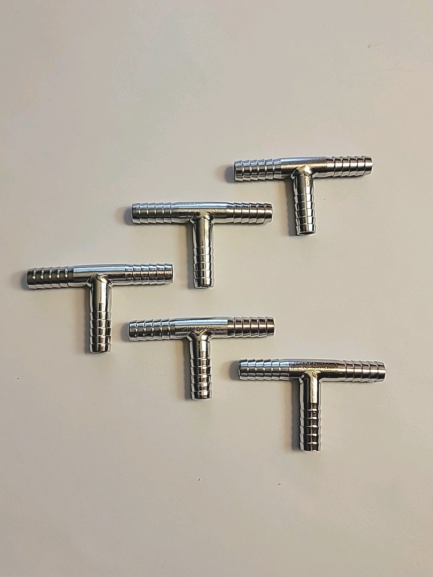1/4 X 1/4 X 1/4 Stainless Steel Tee Barb Fitting  For 1/4" ID Tubing, 5-pack