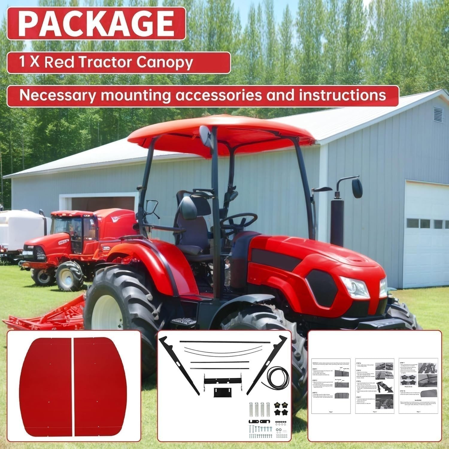 Sun Shield Tuff Top Tractor Canopy Kit For 2" x 2" or 2" x 3" ROPS 48" X 52"-Red