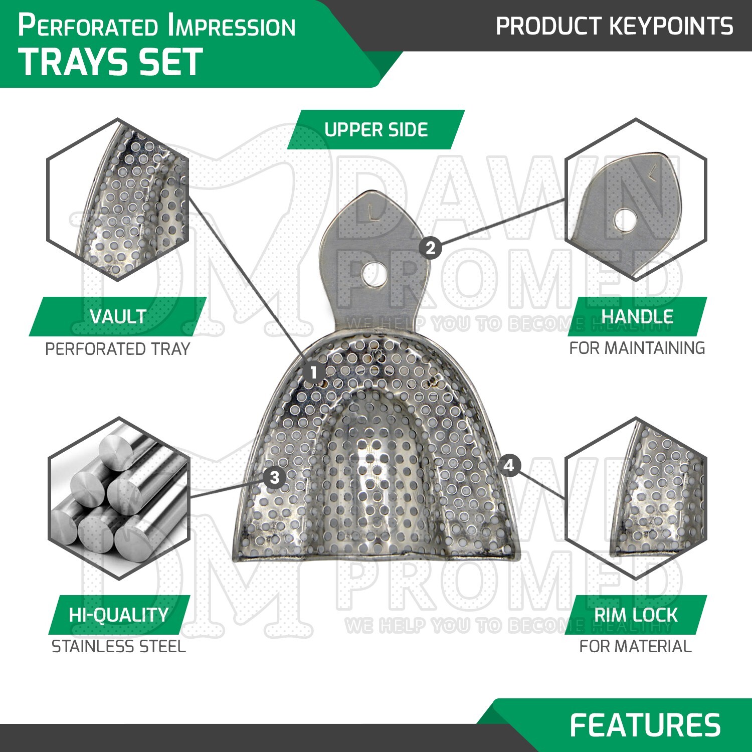 8 Pcs Perforated Metal Dental Impression Trays set Upper & Lower Inst German Gr