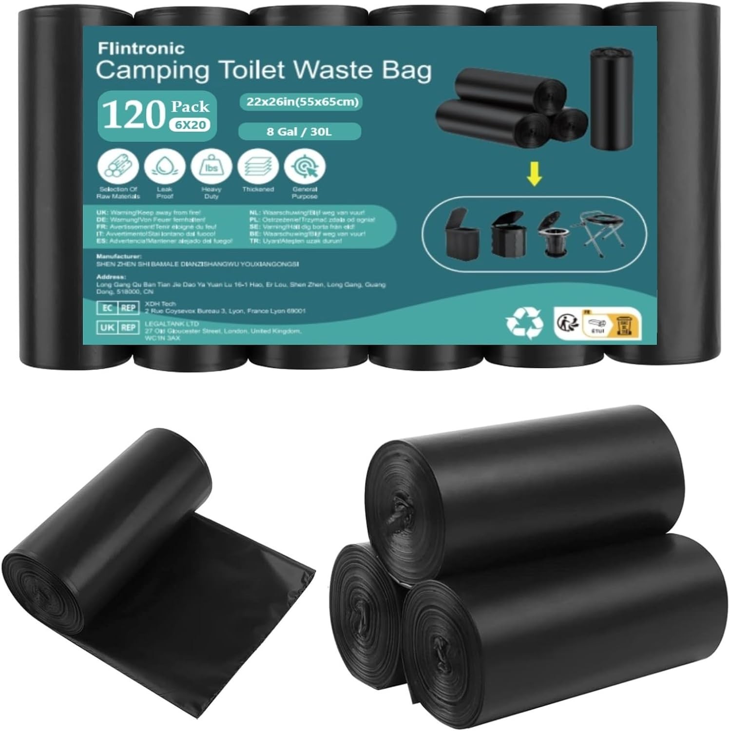 120 Pack Camping Toilet Bags 30L Heavy Duty Portable Waste Liners Black