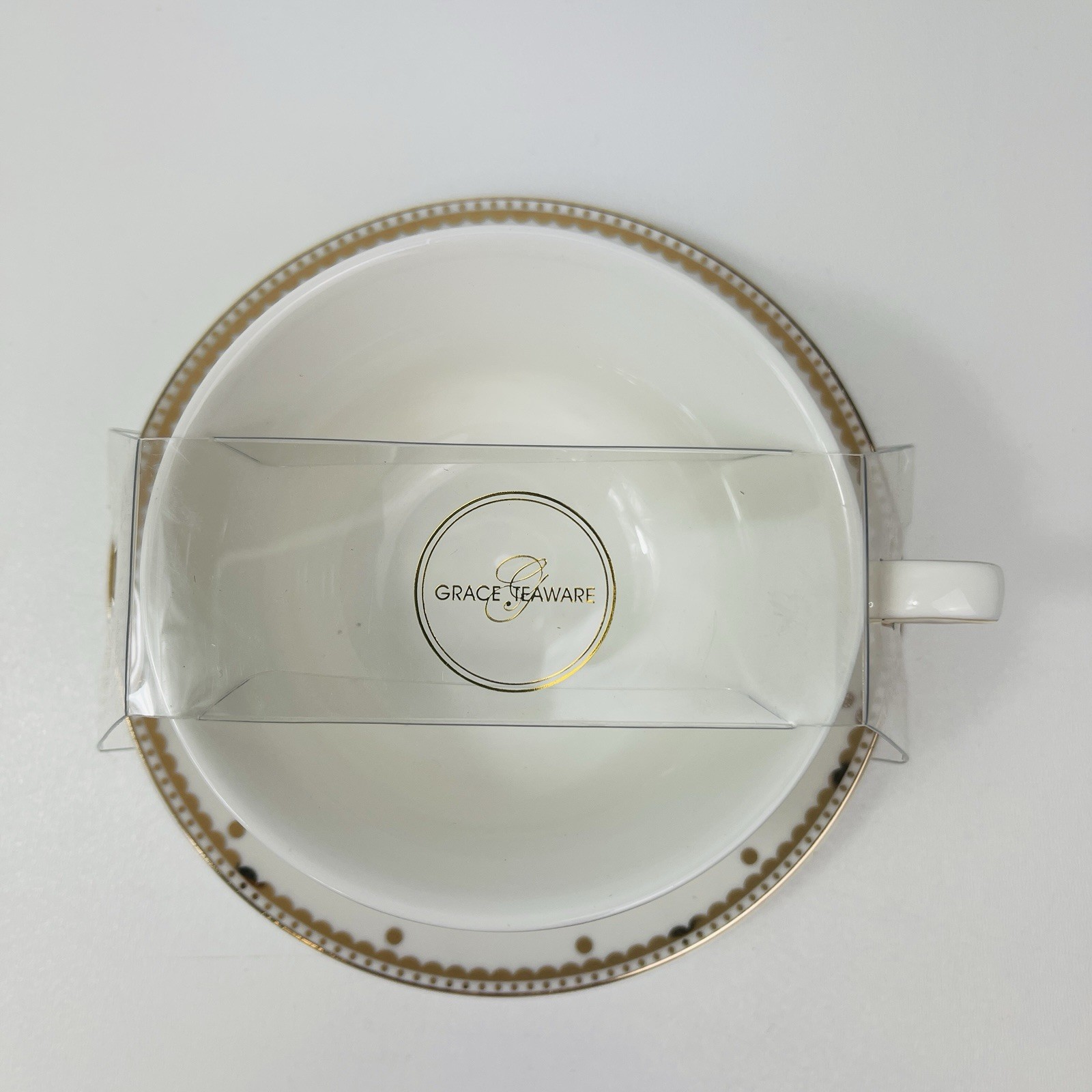 Grace Teaware Teacup Saucer White With Gold Trim Polka Dots New