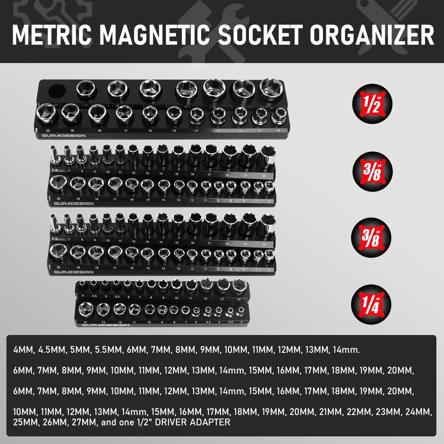 8PCS Magnetic Socket Organizer Set, Magnetic Socket Holder, 1/4", 3/8", 1/2" ...