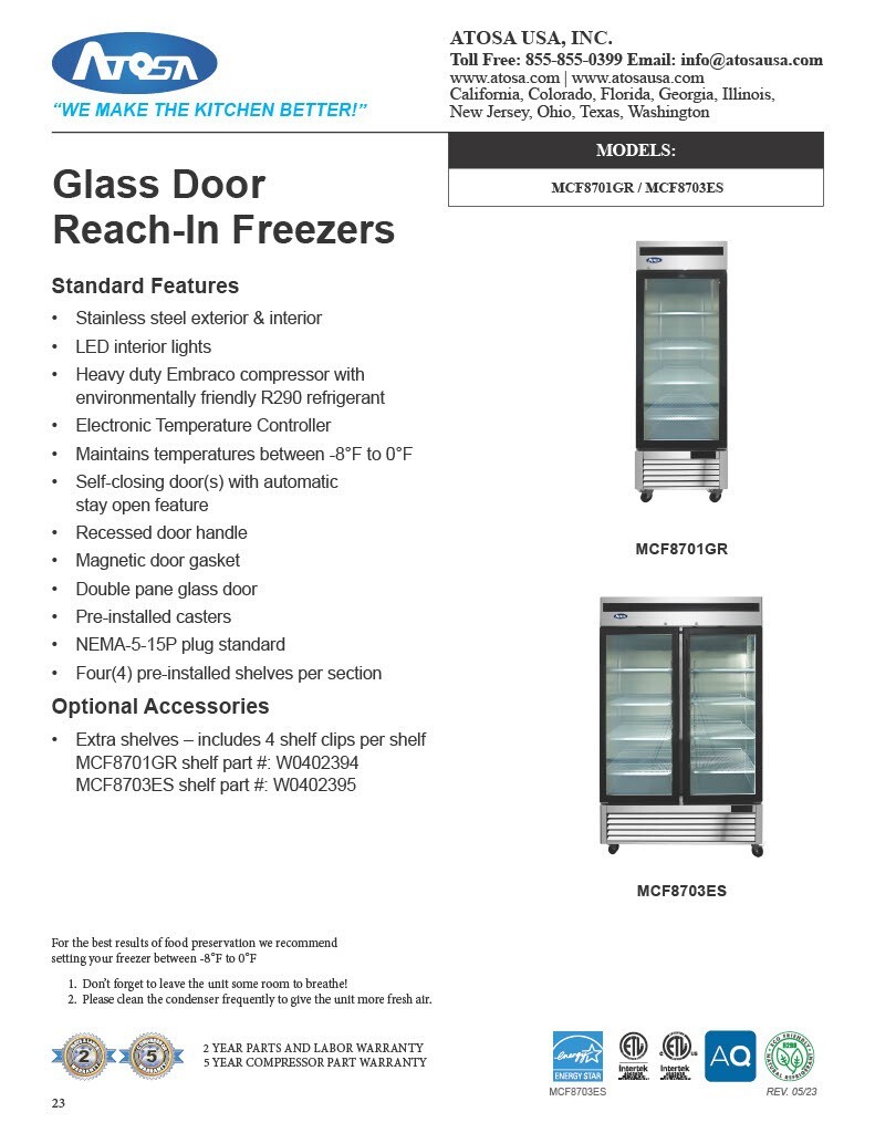Atosa MCF8701GR, Bottom Mount 1 GLASS Door FREEZER
