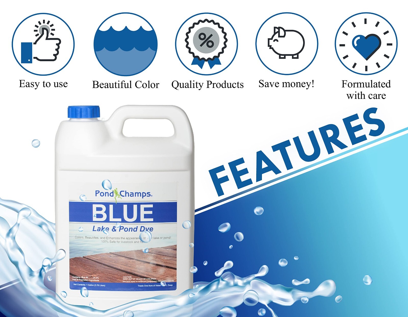 Blue Lake and Pond Dye - One Gallon of Professional Lake & Pond Dye - Treats Up