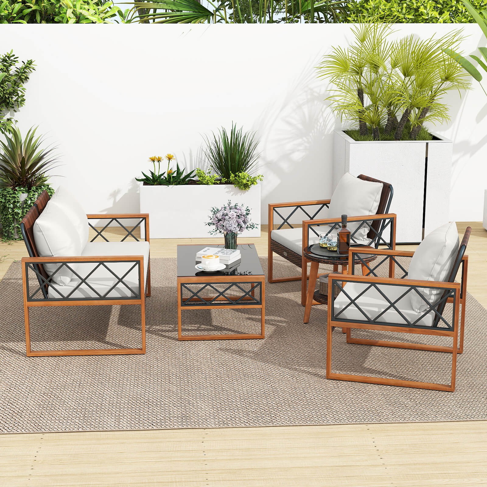 5 PCS PE Wicker Patio Furniture Set w/Acacia Wood Frame Cushions for Deck Garden