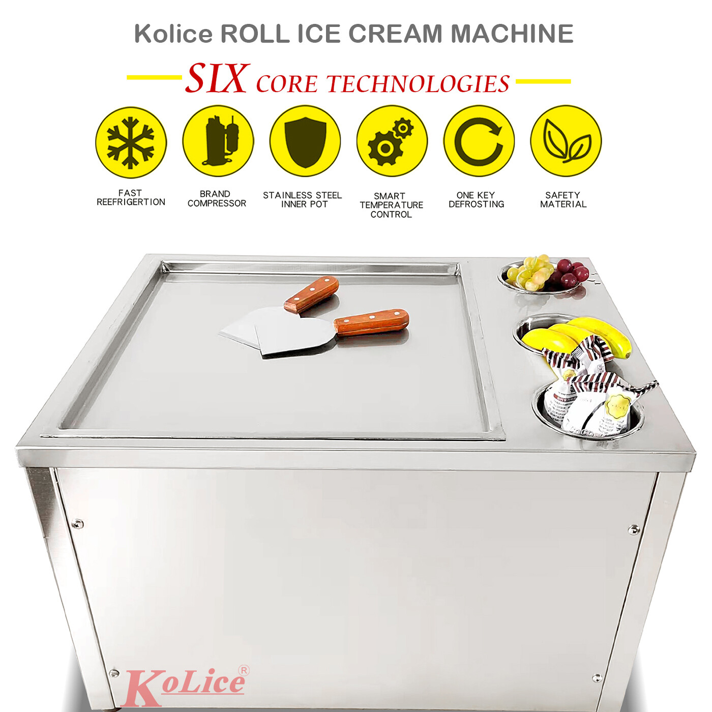 Kolice commercial ice cream roll machine, square pan with 3 tanks