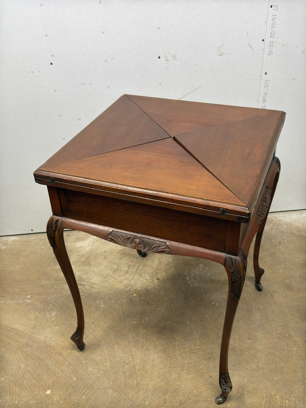 antique french walnut game table handkerchief carved stand card 1800s