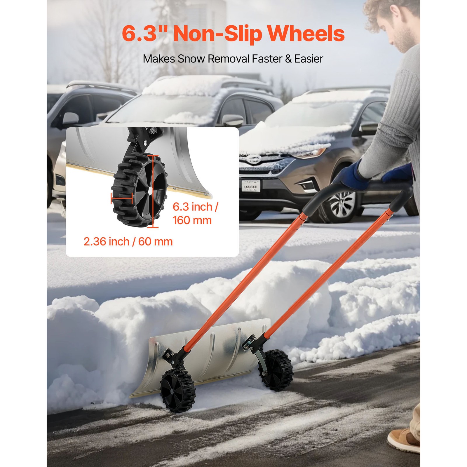 Snow Shovel with Wheels 24" Durable Metal Snow Removal Pusher Plow for Driveway