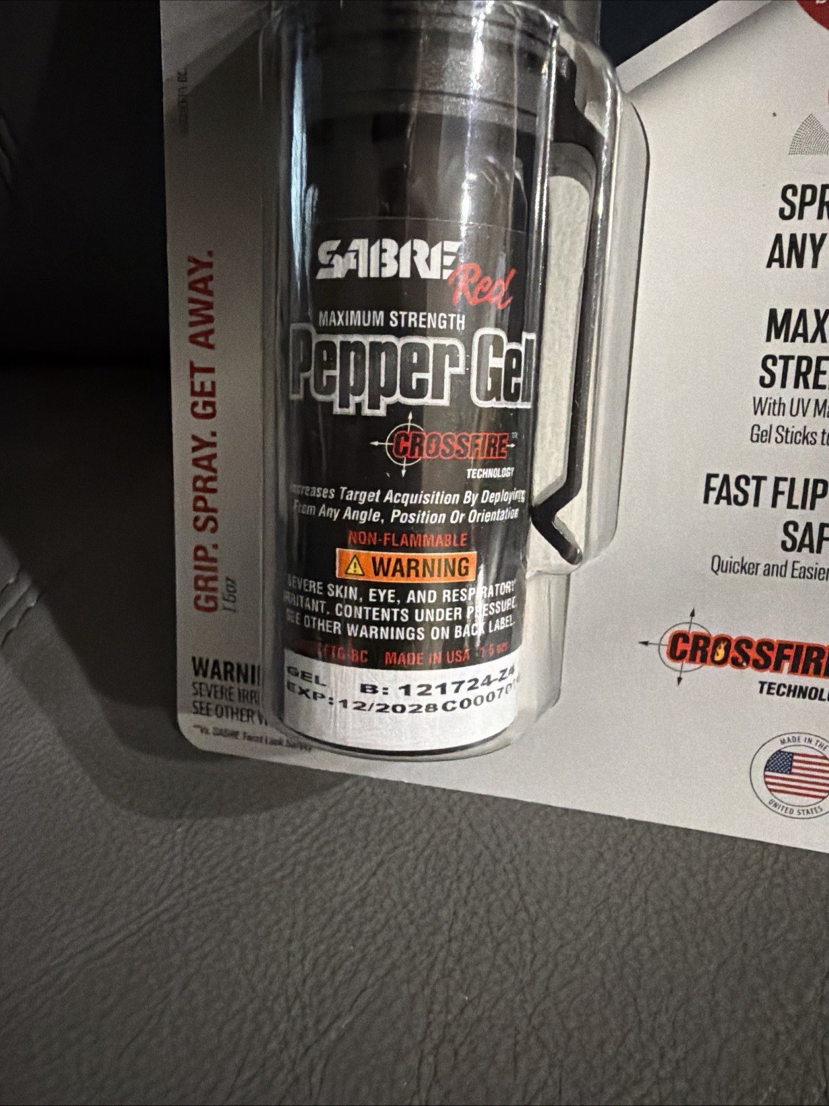 SABRE CROSSFIRE PEPPER GEL W/Clip 360 Degree 18 BURSTS 18 FT UV Dye EXP 12/2028