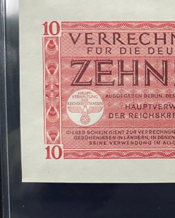 Germany WWII Era Third Reich Nazi Wehrmacht 10 Reichsmark 1944 UNC Military Note