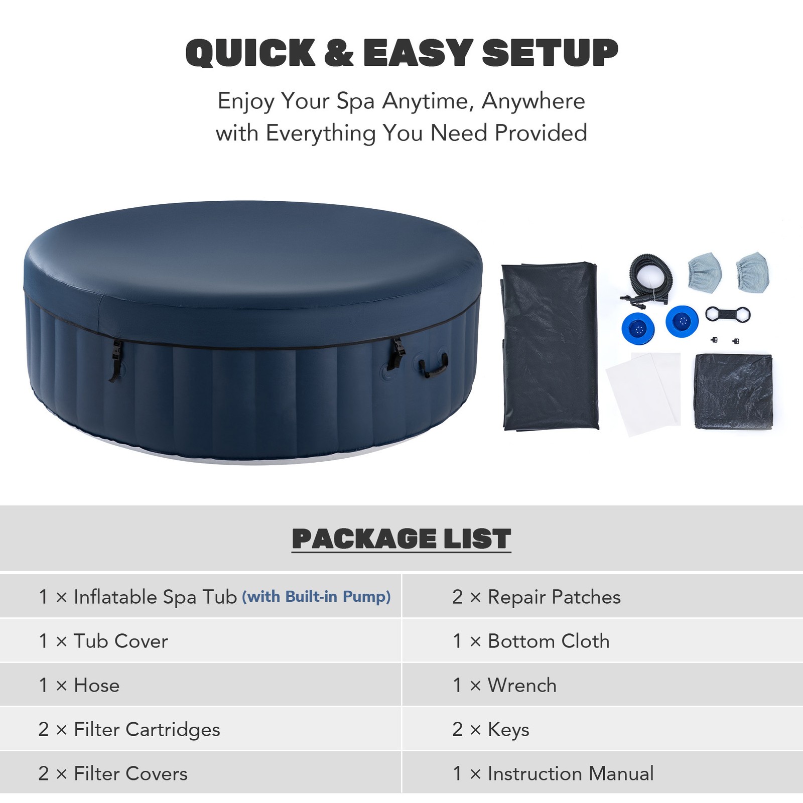 7'x7' Inflatable Hot Tub Spa Portable Bathtub with 130 Jets Air Pump Ideal for 6