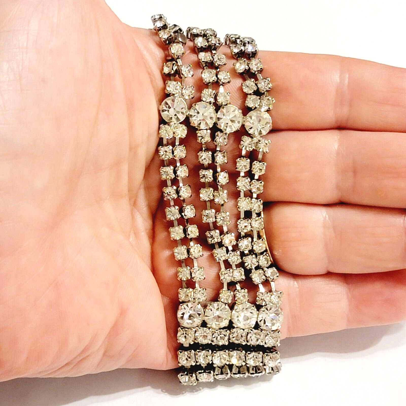 Mid-century Wide Rhinestone Bracelet, Sparkly Glass Vintage Statement Bracelet