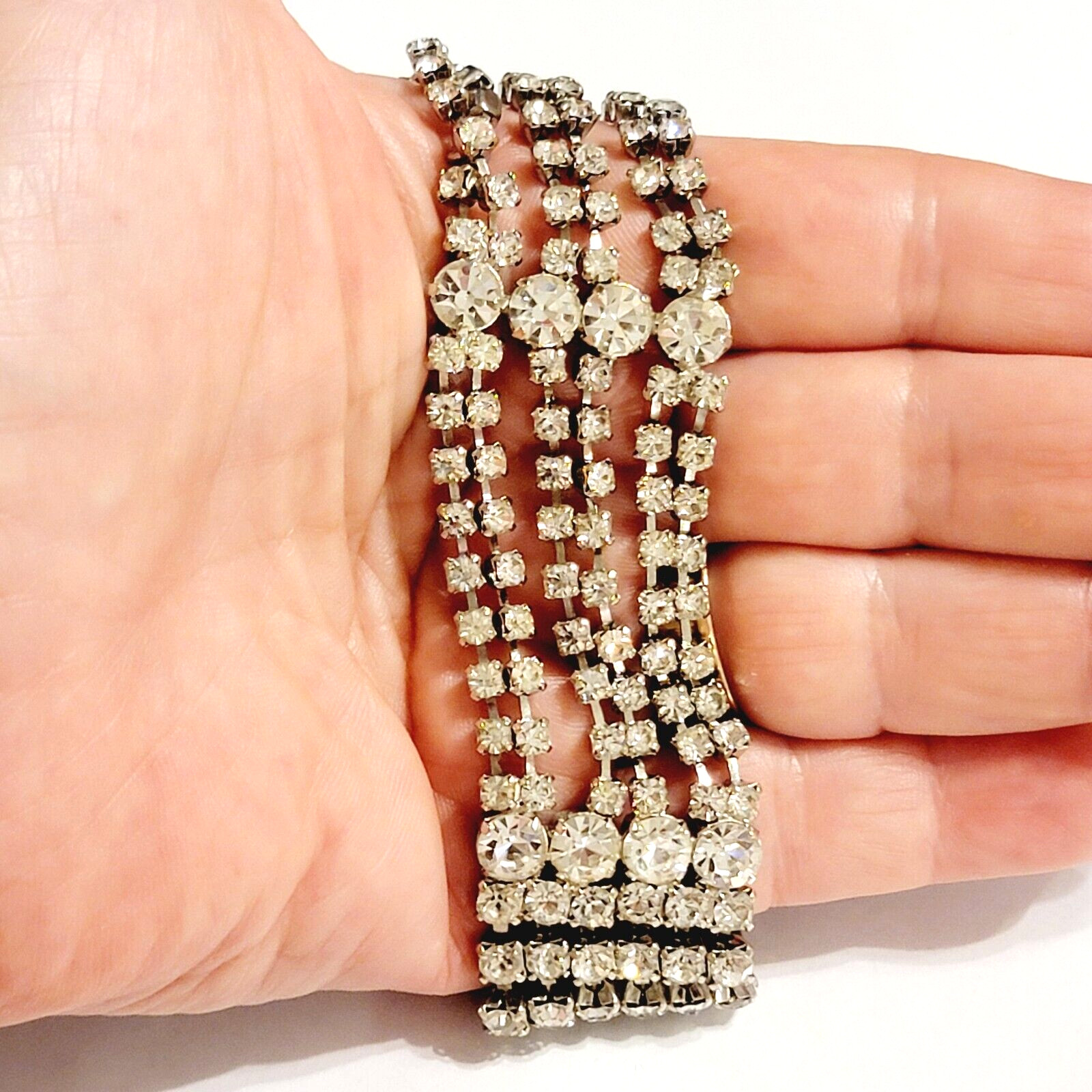 Mid-century Wide Rhinestone Bracelet, Sparkly Glass Vintage Statement sbr-38